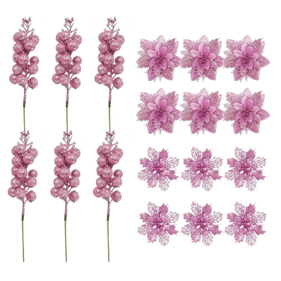 WMGHA 18 Pcs 3 Styles Christmas Glitter Poinsettia Flowers Artificial Berry Picks Christmas Tree Ornaments Artificial Christmas Flowers with Clips for Xmas Wedding Wreath Floral Decorations
