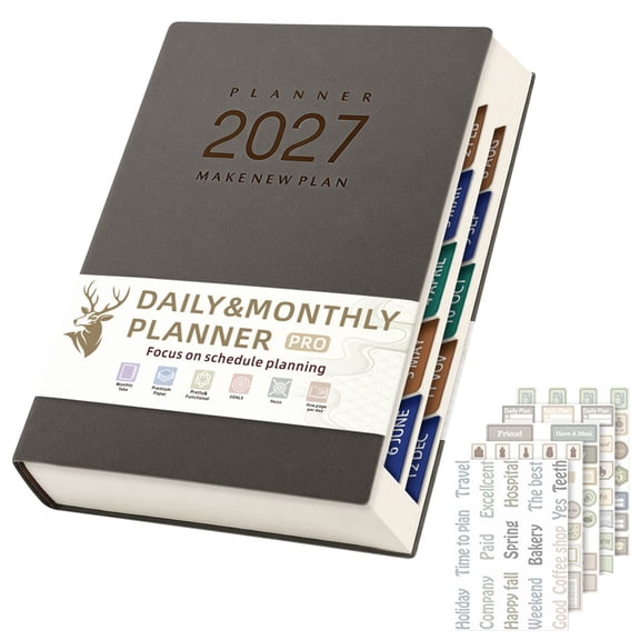 WMGHA 2027 Daily Planner Calendar from Jan to Dec with Monthly Tabs & Hourly Schedule, Leather Cover, Inner Pocket, 365 Pages One per Day, A5 Agenda Book for Women & Men