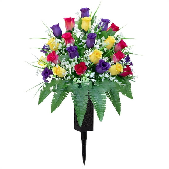 WMGHA 25 inch Artificial Headstone Flower Saddles for Graves, Cemetery Memorial Flowers for Outdoor Tombstone Decorations, Grave Flowers for Grave Vase Cemetery Flower Arrangements,16 Heads