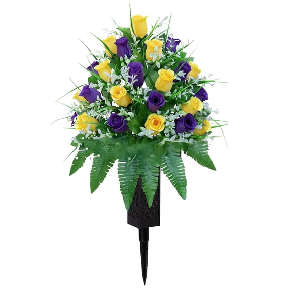 WMGHA 25 inch Artificial Headstone Flower Saddles for Graves, Cemetery Memorial Flowers for Outdoor Tombstone Decorations, Grave Flowers for Grave Vase Cemetery Flower Arrangements,16 Heads
