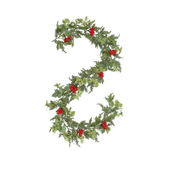 WMGHA 5.7ft Artificial Spring Cedar Garland with Eucalyptus Leaves, Red Berries Spring Greenery Garland Decor for Home, Fireplace, Wall, Porch, Table, Indoor Outdoor Decoration