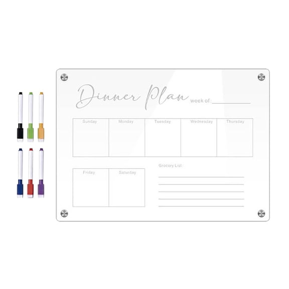 WMGHA Acrylic Meal Planner Magnetic Menu Board for Kitchen Fridge– Reusable Grocery List & Dinner Organizer with 6 Chalk Markers,Dry Erase Board to Do/Grocery/Shopping List/Chore Chart