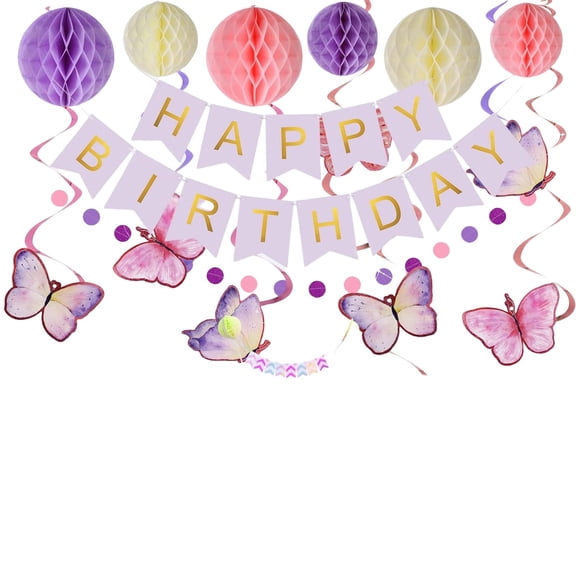 WMGHA Butterfly Purple Pink Birthday Party Decorations, Happy Birthday Banner, Spiral pendant, Honeycomb Ball with Big Butterfly Foil Balloon for Women Girl Birthday Party Theme Supplies