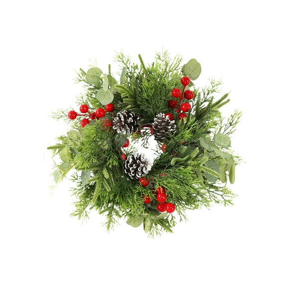 WMGHA Christmas Candle Rings Wreath Norfolk Pine Garland Red Berry Pinecones Wreaths Artificial Berries Snowy Pine Garland Candle Ring Holder for Christmas Wedding Home Table Centerpiece
