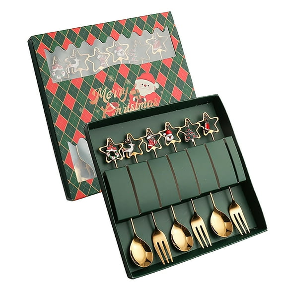 WMGHA Christmas Tableware Set Stainless Steel Spoon Gift Set Dessert Spoon Fork Coffee Spoon Christmas Pendant Spoon Tableware Set Gift Small round Table Mats