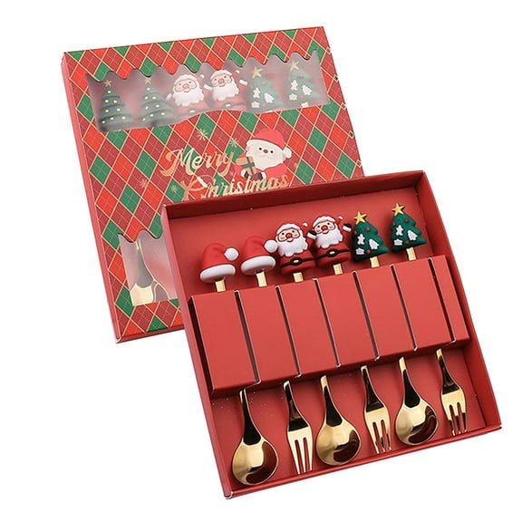 WMGHA Christmas Tableware Set Stainless Steel Spoon Gift Set Dessert Spoon Fork Coffee Spoon Christmas Pendant Spoon Tableware Set Gift Small round Table Mats