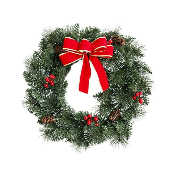 WMGHA Christmas Wreath with Red Bow and Pinecones, Artificial Holiday Front Door Decoration with Berries and Ornaments, PVC Greenery Winter Garland for Indoor Outdoor Use