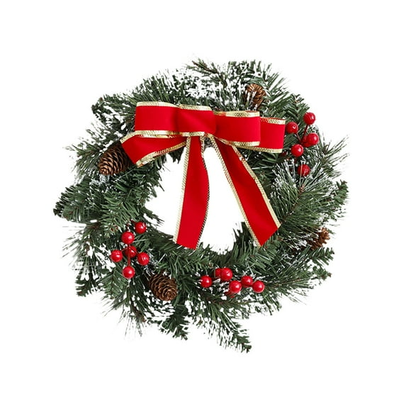 WMGHA Christmas Wreath with Red Bow and Pinecones, Artificial Holiday Front Door Decoration with Berries and Ornaments, PVC Greenery Winter Garland for Indoor Outdoor Use