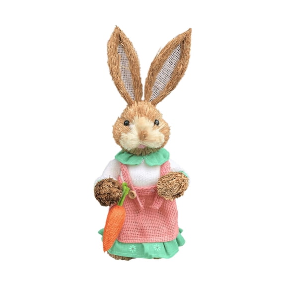 WMGHA Easter Bunny Decorations, 14 Inch Straw Standing Bunny with Carrot Tabletop Figurine, Easter Rabbits Statue Decorations for Home Table Kitchen Farmhouse Spring Decor