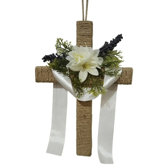 WMGHA Easter Front Door Wreath Cross Easter Wreath Wood Artificial Hanger Wall Wreaths Christian Lily Flowers Signs Door Decorations for Home Porch Spring Farmhouse Party Decor
