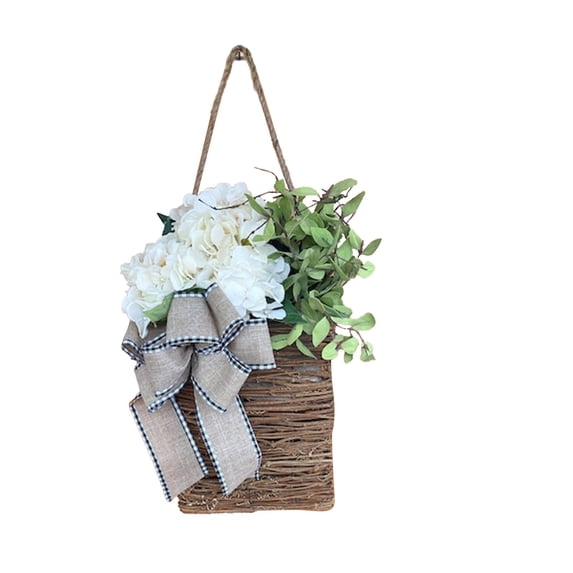 WMGHA Hydrangea Door Hanger Basket Wreath - Farmhouse Spring Wreath with Wildflowers, Mother's Day Decor, Artificial Rattan Hanging Basket for Porch, Wall, Home Decor
