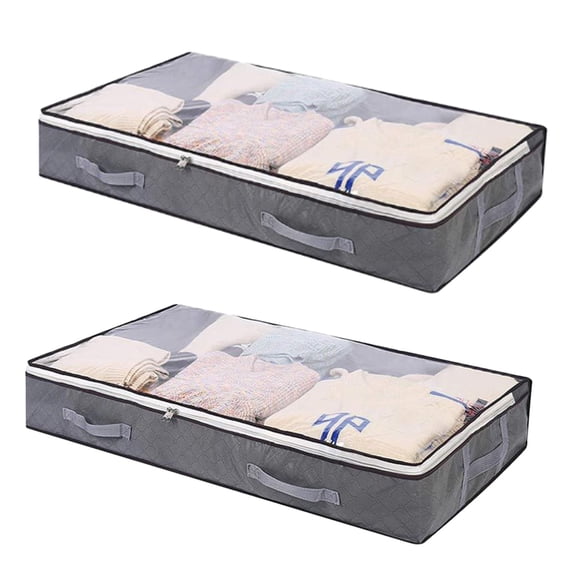 WMGHA Large Underbed Storage Bags Organizer Container (2 Pack) with Handles and Zippers, Blankets Clothes Comforters Foldable Storage Bags with Clear Window, Grey