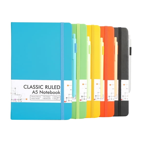 WMGHA Pocket Small Notebooks, Mini Cute Notepads, Hardcover College Ruled Lined Journals with Pen Holder, Includes 5 Black Ink Pens, 8.3 x 5.1 Size, 5-Pack A5 Notebooks