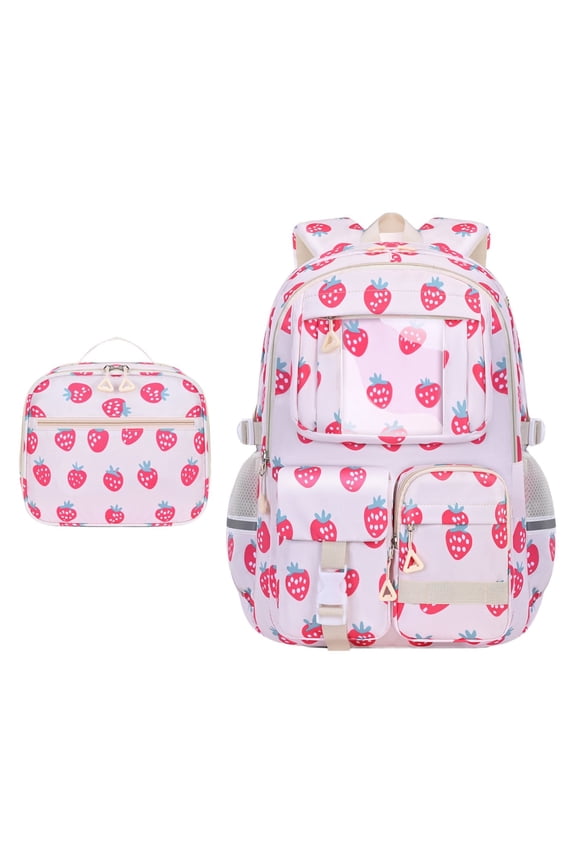 Strawberry Backpack - Cute Teenage Multiple Pockets Backpack, Fashion Bookbag for Primary Elementary High School, Pink