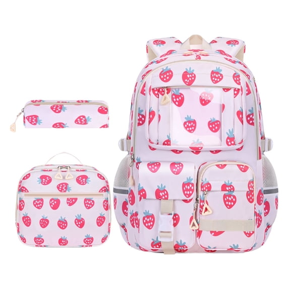 WMGHA Strawberry Backpack - Cute Teenage Multiple Pockets Backpack, Fashion Bookbag for Primary Elementary High School, Pink