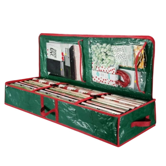 WMGHA Wrapping Paper Organizer Storage Box for Christmas Gift Bags and Holiday Accessories, Underbed Storage Container with Interior Pockets, 40 Inches Long Fits 24 Rolls