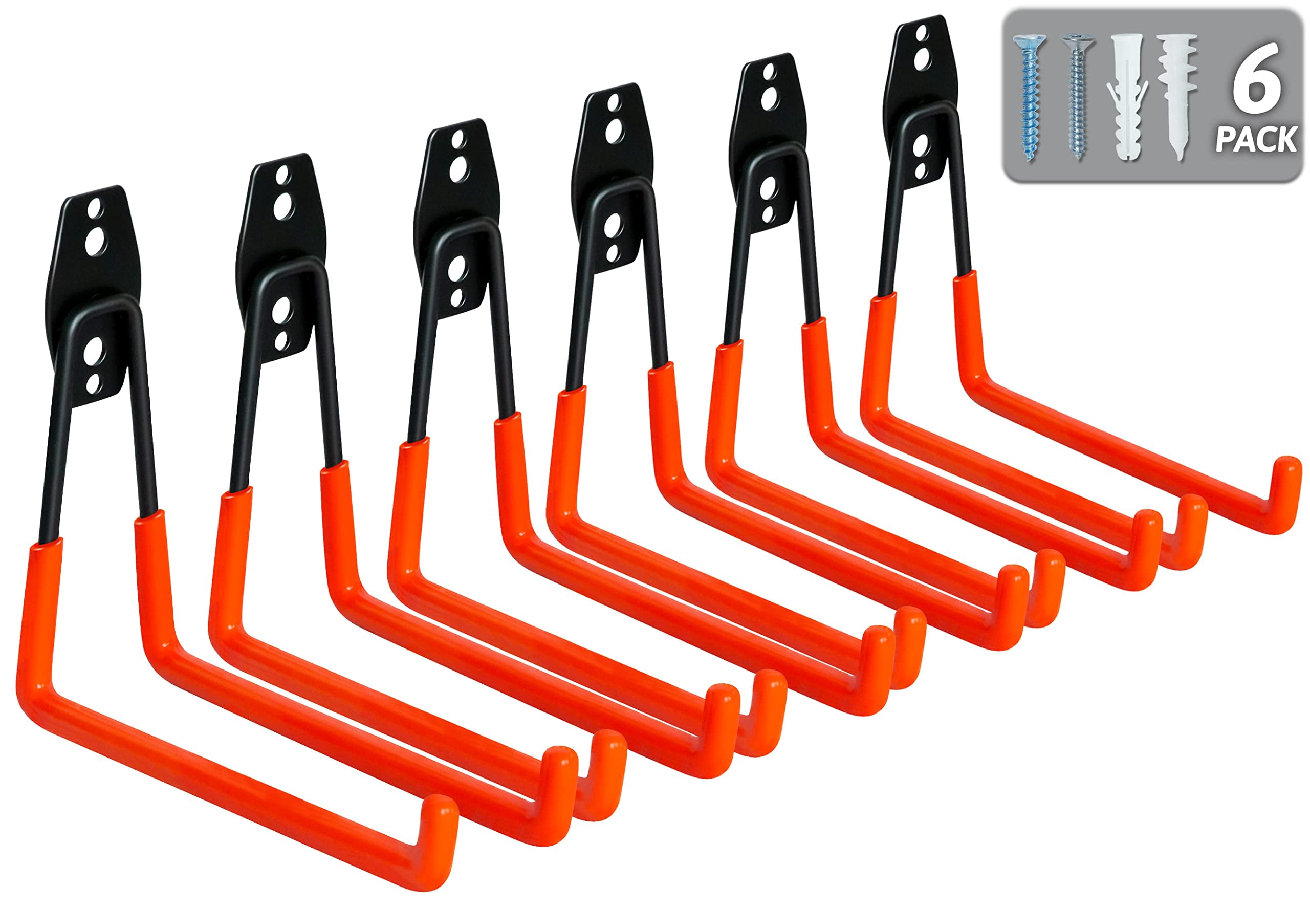 6-Pack Overhead Garage Storage Hooks – Heavy Duty 11x13 Inch Wall/Ceiling Mounted Organizer Hooks, 50-lb Capacity, EVA Padded, For Ladders, Bikes, Tools, And Lumber