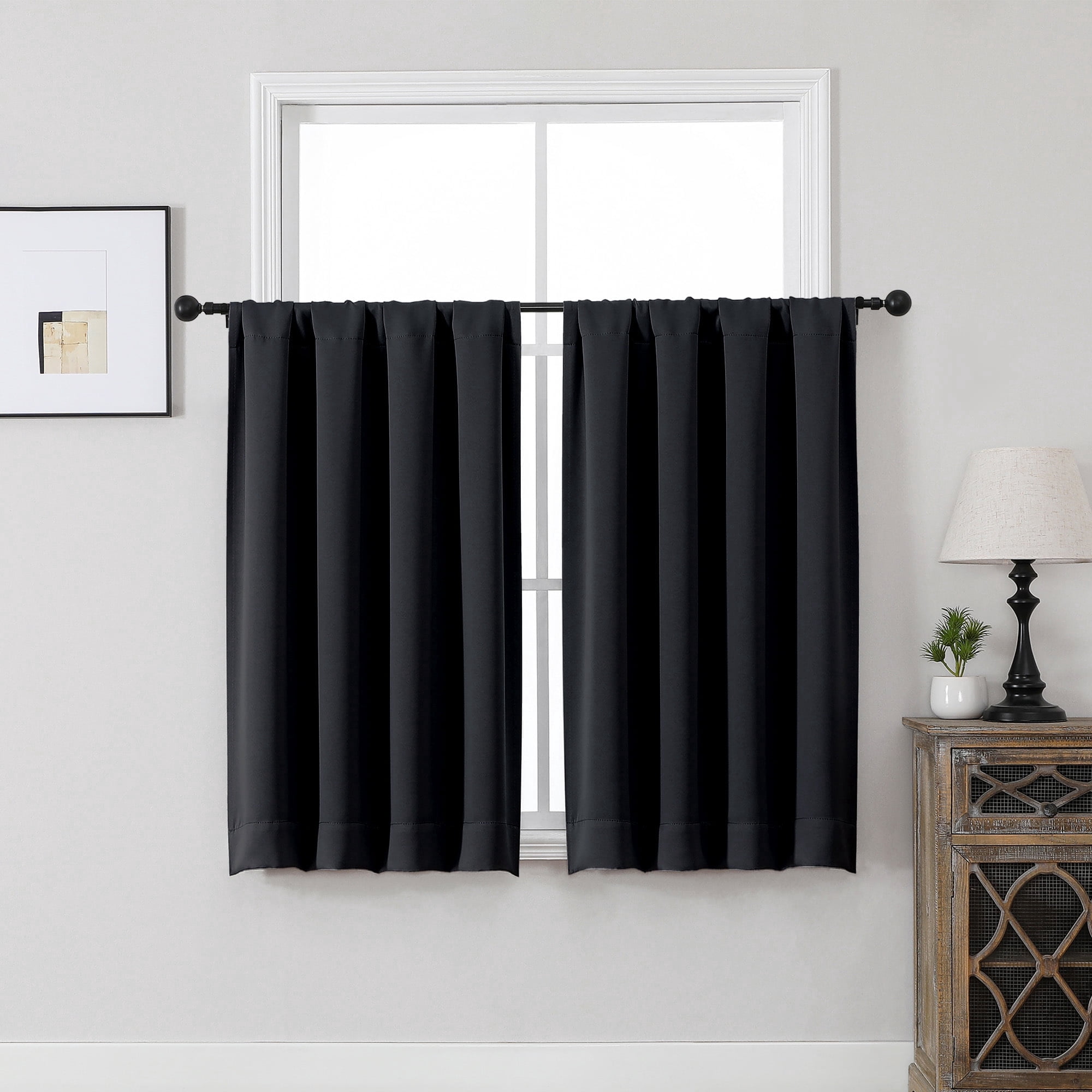 MKHILL Aether Black Blackout Curtains Set of 2, 45 Inch Long Short Room Darkening Window Drapes for Kitchen Laundry Bathroom Small Window, Each 40"W x 45"L, Black