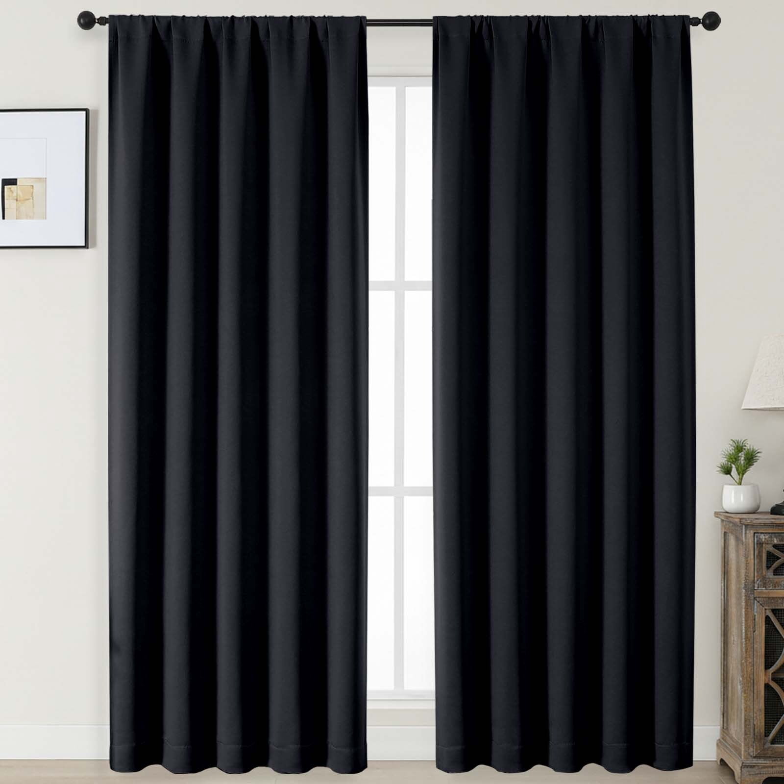 MKHILL Aether Black Blackout Curtains 84Inch Length 2 Panels, Thermal Insulated Drapes for Bedroom Living Room, Each 50"W x 84"L, Black