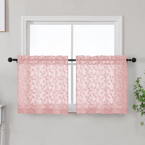 MKHILL Leaf Pattern Semi Sheer Curtains, 2 Panels Rod Pocket Voile Drapes, Light Filtering Privacy Window Tiers for Kitchen RV Campers, Each 28"W X24"L, Blush