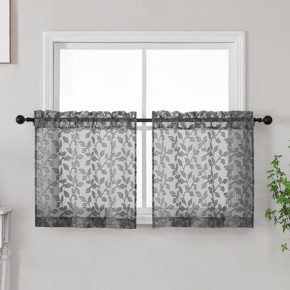 MKHILL Leaf Pattern Semi Sheer Curtains, 2 Panels Rod Pocket Voile Drapes, Light Filtering Privacy Window Tiers for Kitchen RV Campers, Each 28"W X24"L, Charcoal