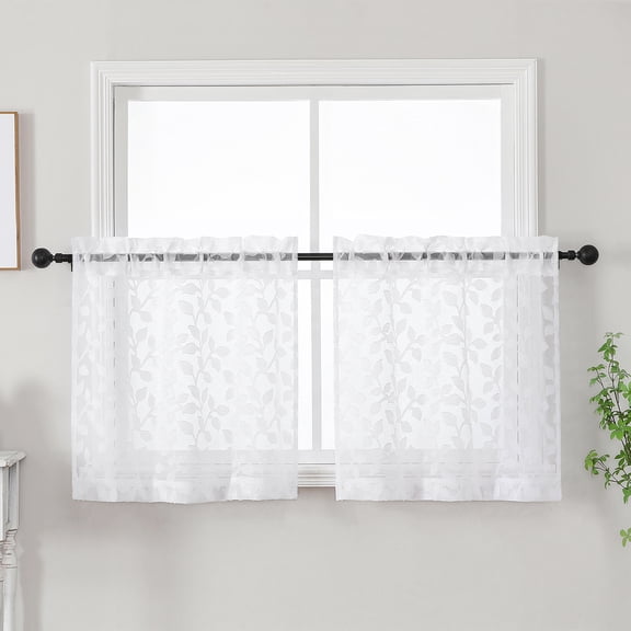 MKHILL Leaf Pattern Semi Sheer Curtains, 2 Panels Rod Pocket Voile Drapes, Light Filtering Privacy Window Tiers for Kitchen RV Campers, Each 28"W X24"L, White