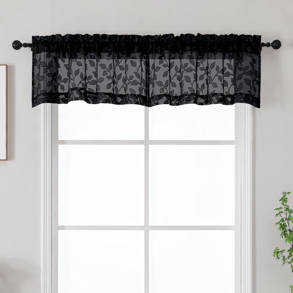 MKHILL 42x14 Black Jacquard Clip Leaf Sheer Valance, 14 Inch Short Cafe Curtain for Small Kitchen Window, Rod Pocket Topper, 2 Panels, Each 42"Wx14"L