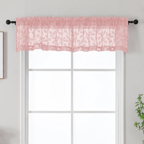 MKHILL 42x14 Blush Jacquard Clip Leaf Sheer Valance, 14 Inch Short Cafe Curtain for Small Kitchen Window, Rod Pocket Topper, 2 Panels, Each 42"Wx14"L