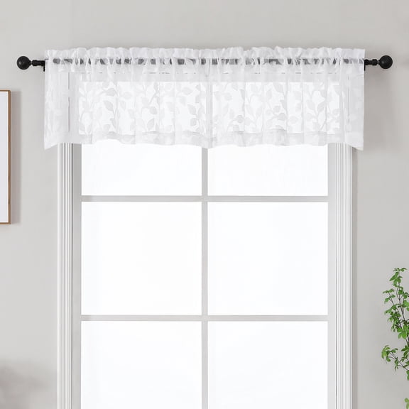 MKHILL 42x14 White Jacquard Clip Leaf Sheer Valance, 14 Inch Short Cafe Curtain for Small Kitchen Window, Rod Pocket Topper, 2 Panels, Each 42"Wx14"L