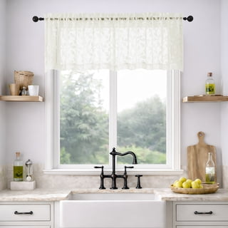 MKHILL 42x18 Ivory Jacquard Clip Sheer Valance Curtains 2 Panels, Rod Pocket Semi Sheer Window Topper for Kitchen RV Small Windows, Each 42"Wx18"L