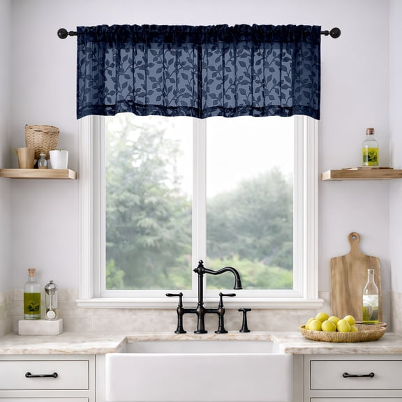 MKHILL 42x18 Navy Blue Jacquard Clip Sheer Valance Curtains 2 Panels, Rod Pocket Semi Sheer Window Topper for Kitchen RV Small Windows, Each 42"Wx18"L