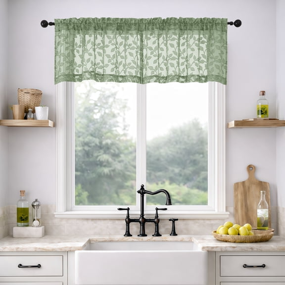 MKHILL 42x18 Sage Green Jacquard Clip Sheer Valance Curtains 2 Panels, Rod Pocket Semi Sheer Window Topper for Kitchen RV Small Windows, Each 42"Wx18"L