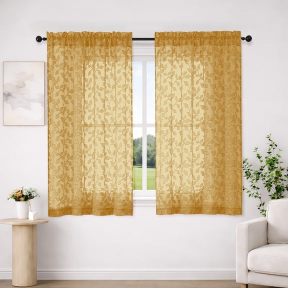 MKHILL Botanical Leaf Pattern Sheer Curtains 54 Inch Length 2 Panels, Rod Pocket Voile Light Filtering Drapes for Kitchen Dining Room Living Room Bedroom, 42"W x 54"L, Gold