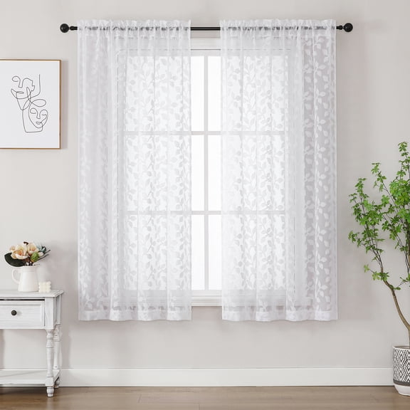 MKHILL White Botanical Leaf Sheer Curtains 63 Inch Length 2 Panels Set, Light Filtering Privacy Voile Drapes for Living Room Bedroom, Rod Pocket Semi Sheer Window Treatment, Each 42" W x 63" L