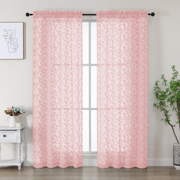 MKHILL Blush Leaf Pattern Sheer Curtains 72 inch Length 2 Panels Set, Rod Pocket Voile Drapes for Sliding Glass Door French Door, Semi Sheer Window Treatment, Each 42" W x 72" L