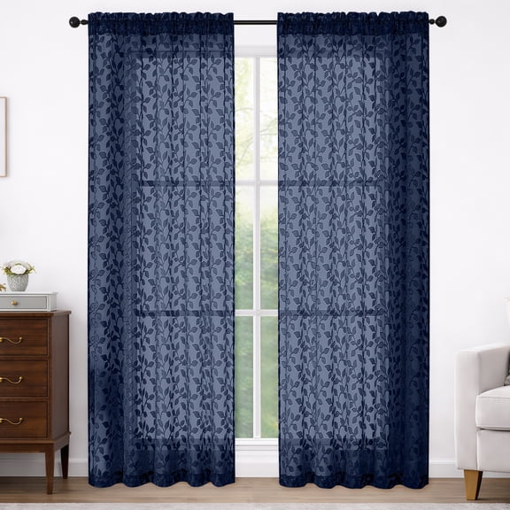 MKHILL 42X84 Navy Blue Leaf Pattern Semi Sheer Curtains 2 Panels Set, 84 Inch Long Light Filtering Privacy Drapes for Bedroom Living Room, Rod Pocket Voile Window Panels, Each 42"W x 84"L