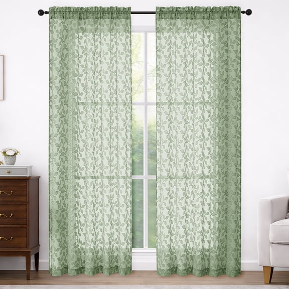 MKHILL 42X84 Sage Green Leaf Pattern Semi Sheer Curtains 2 Panels Set, 84 Inch Long Light Filtering Privacy Drapes for Bedroom Living Room, Rod Pocket Voile Window Panels, Each 42"W x 84"L