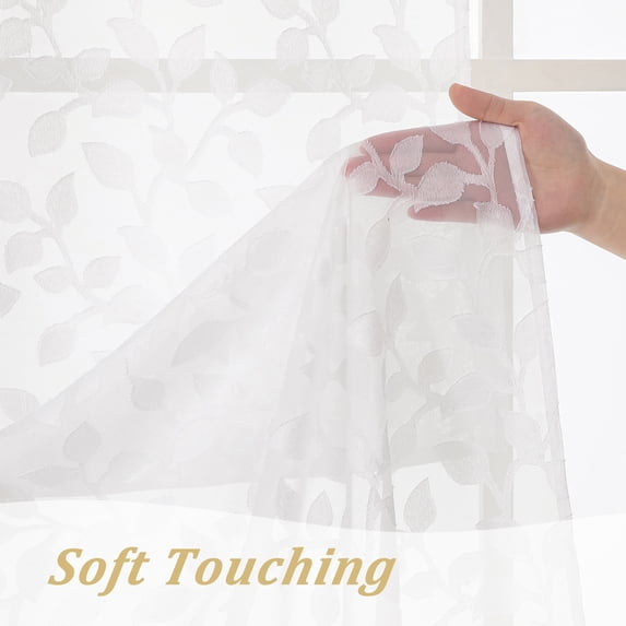 MKHILL 42X84 White Leaf Pattern Semi Sheer Curtains 2 Panels Set, 84 Inch Long Light Filtering Privacy Drapes for Bedroom Living Room, Rod Pocket Voile Window Panels, Each 42"W x 84"L