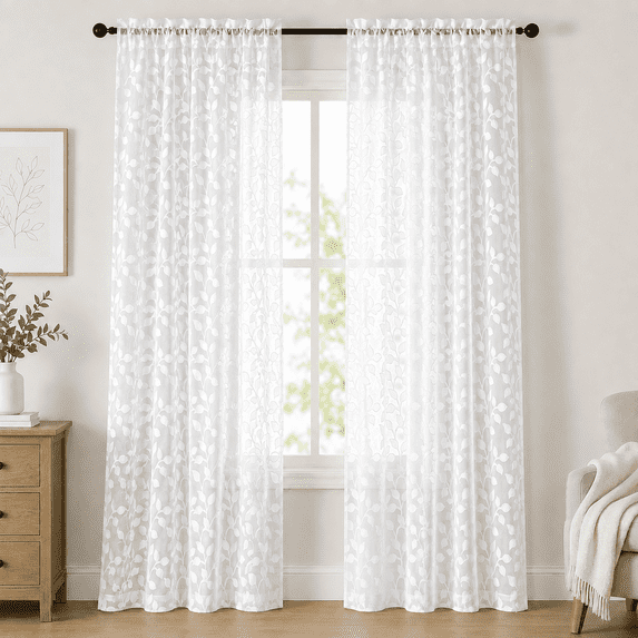 MKHILL White Botanical Leaf Jacquard Sheer Curtains, 2 Panels, 42"W x 84"L, Light Filtering Rod Pocket Window Drapes