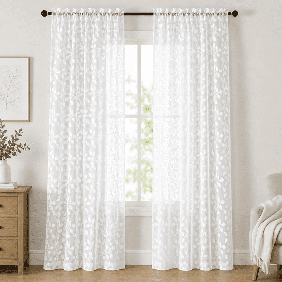 MKHILL White Botanical Leaf Jacquard Sheer Curtains, 2 Panels, 42"W x 84"L, Light Filtering Rod Pocket Window Drapes