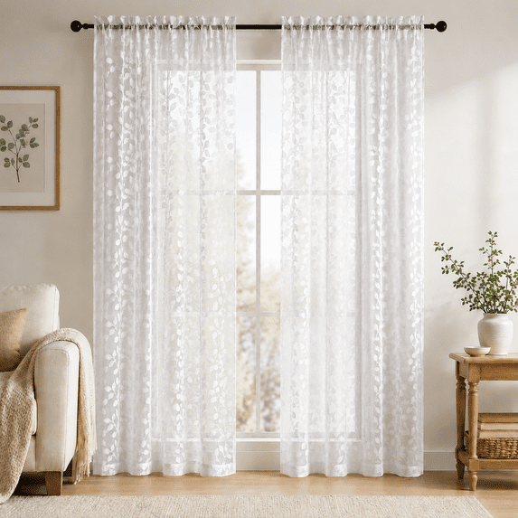 MKHILL 42X84 White Leaf Pattern Semi Sheer Curtains 2 Panels Set, 84 Inch Long Light Filtering Privacy Drapes for Bedroom Living Room, Rod Pocket Voile Window Panels, Each 42"W x 84"L
