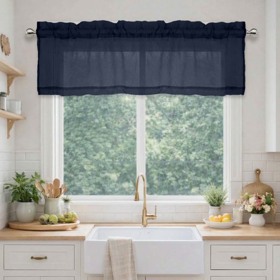 MKHILL Navy Blue Crushed Textured Valance Curtains 2 Pack Rod Pocket Soft Airy Window Curtains for Kitchen Basement Cafe Farmhouse Decor 42Wx14L Inch