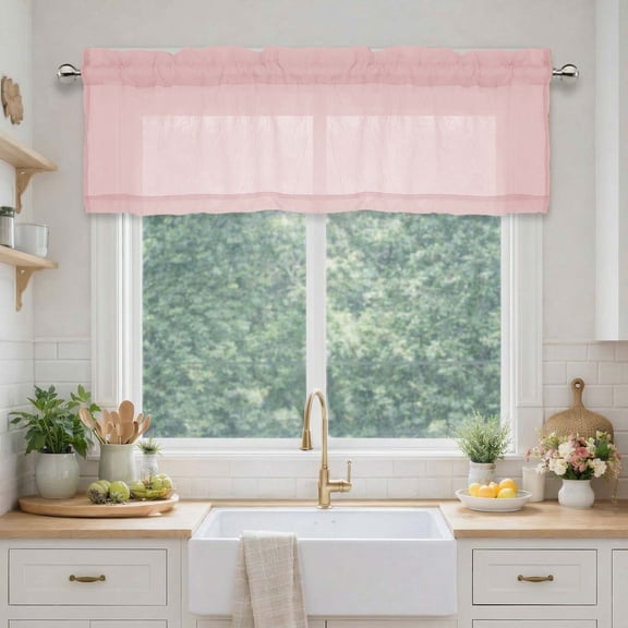 MKHILL Blush Pink Crushed Sheer Valances 2 Pack Top Rod Pocket Lightweight Soft Window Treatment for Kitchen Cafe Basement Dining Room 42Wx14L Inch