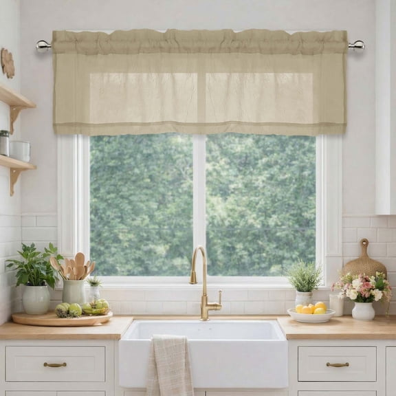 MKHILL Taupe Solid Crushed Valance Curtains 2 Pack Top Rod Pocket Lightweight Soft Window Drapes for Kitchen Dining Room Cafe Basement 42Wx14L Inch