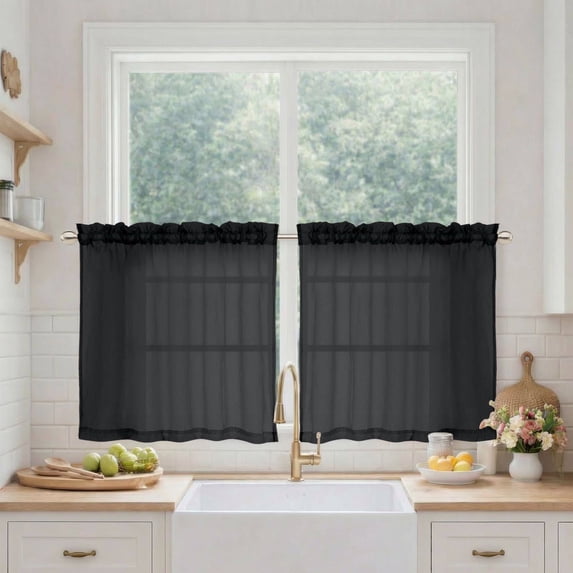 MKHILL 24 Inch Short Crushed Sheer Curtains 2 Panels, Light Filtering Voile Drapes for RV Camper Laundry Over Sink, Rod Pocket Small Window Panels, Each 42" W x 24" L, Black