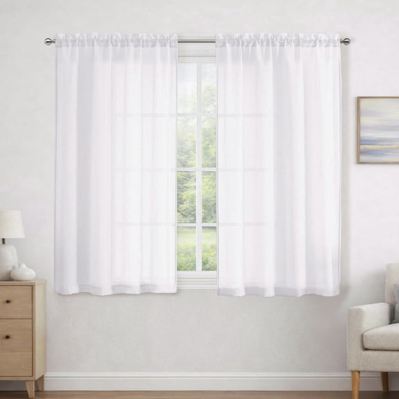 MKHILL White Crushed Sheer Curtains 45 Inch Long for Small Windows 2 Pack, Rod Pocket Short Light Filtering Voile Drapes for Bathroom Kitchen Laundry, Each 42" W x 45" L