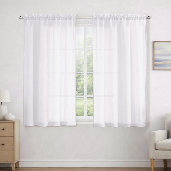 MKHILL White Crushed Sheer Curtains 45 Inch Long for Small Windows 2 Pack, Rod Pocket Short Light Filtering Voile Drapes for Bathroom Kitchen Laundry, Each 42" W x 45" L