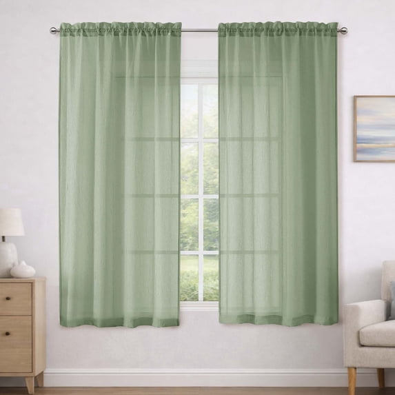 MKHILL Sage Green Crushed Sheer Curtains 63 inch Length 2 Panels Set, Light Filtering Voile Drapes for Living Room Bedroom, Rod Pocket Semi Sheer Window Panels, Each 42" W x 63" L