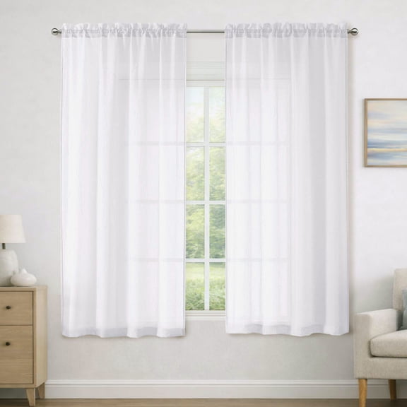 MKHILL White Crushed Sheer Curtains 63 inch Length 2 Panels Set, Light Filtering Voile Drapes for Living Room Bedroom, Rod Pocket Semi Sheer Window Panels, Each 42" W x 63" L