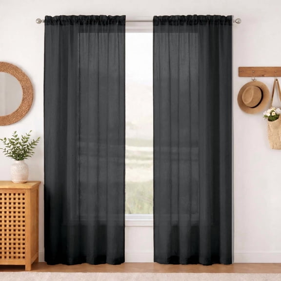 MKHILL Black Crushed Sheer Curtains 72 inch Length 2 Panels Set, Rod Pocket Voile Drapes for Sliding Glass Door French Door, Semi Sheer Window Treatment, Each 42" W x 72" L